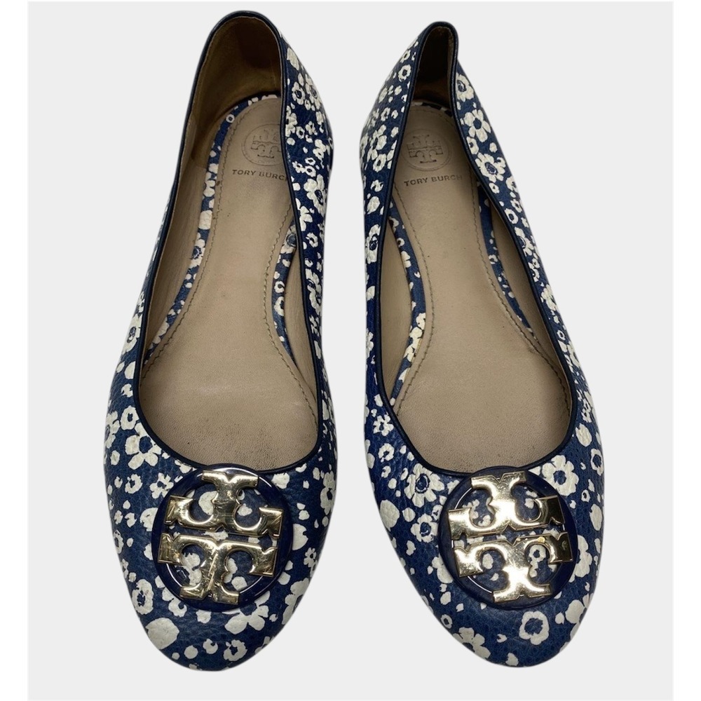 Tory Burch Reva Ballet Flats Womens 8 Navy White Floral Leather Gold Logo Good - Picture 4 of 15